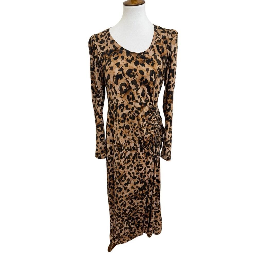 Cabi 4216 Selma Leopard Print Midi Dress Ruched Long Sleeves Size Medium
